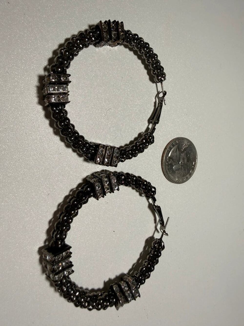 Large black beaded and rhinestone hoop earrings 2.25”